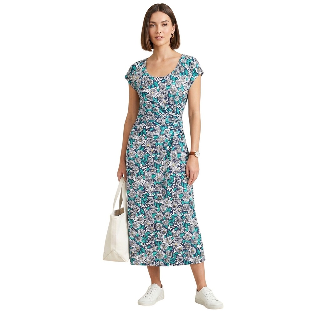 LANDS' END Floral Midi Dress Medium Tall Blue Green Cotton Preppy NWOT